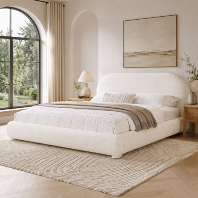 Cream Upholstered Queen Bed Frame with Curved Headboard, Modern Platform Bed