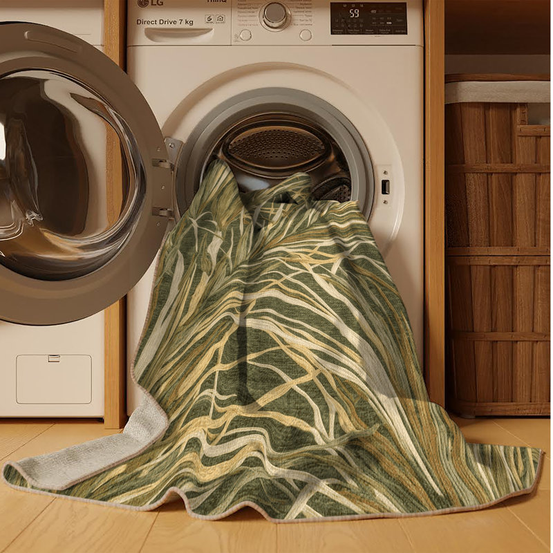 Machine Washable Botanical Brown Area Rug, Round 5'