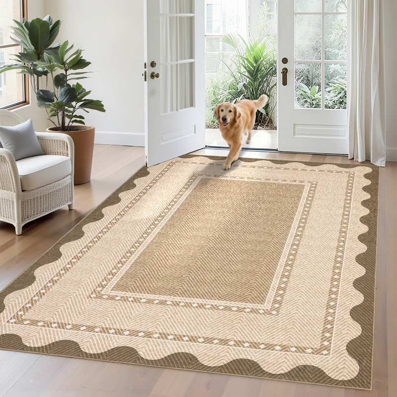 Washable Scalloped Area Rugs Living Room Rug Non Slip Stain-Resistant Rug for Bedroom Dining Room Home Office Linen