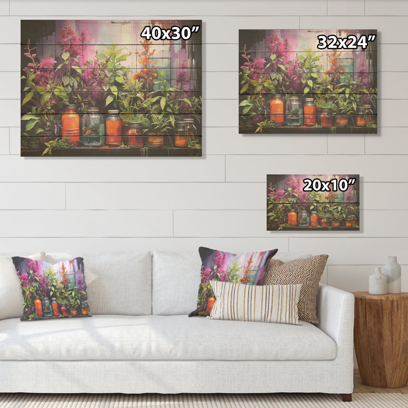 Blooming Urban Harvest With Poteries - Herbes, art mural sur bois de pin naturel, H 10 po x l 20 po