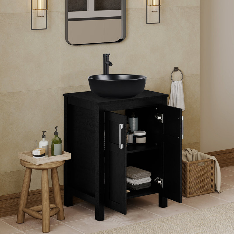 Meuble-lavabo simple autoportant de 24,4 po avec plateau en bois manufacturé Kreutzer, Circulaire, Noir, Noir
