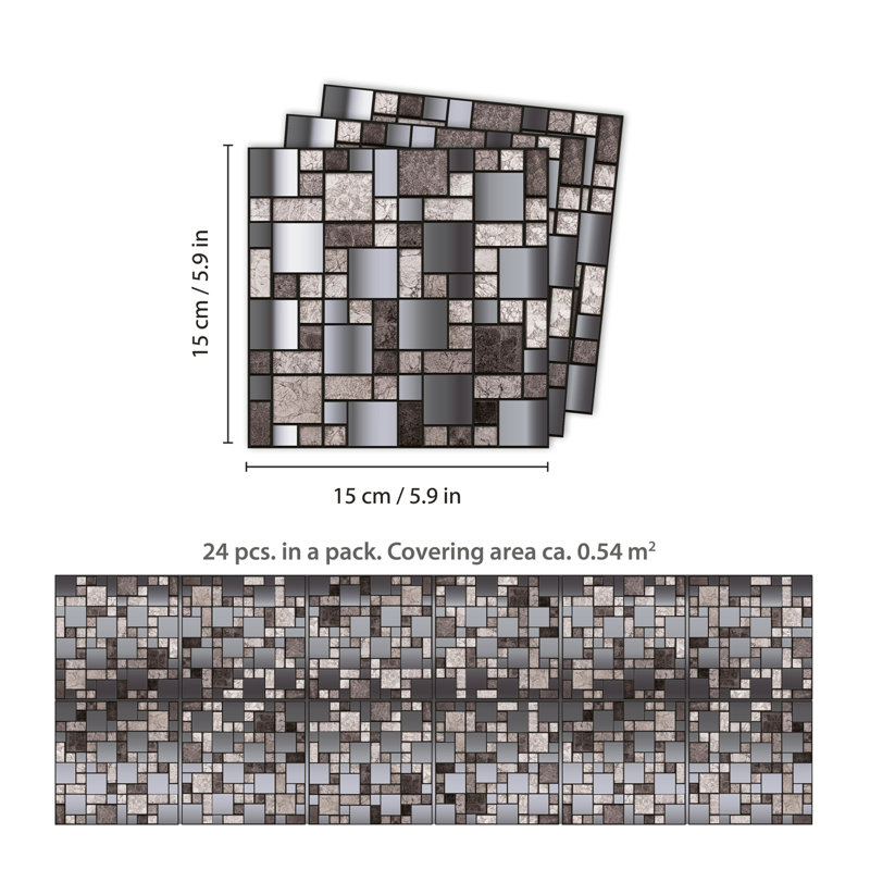 Edilson 15cm W x 15cm L Vinyl Peel and Stick Mosaic Tile, Grey