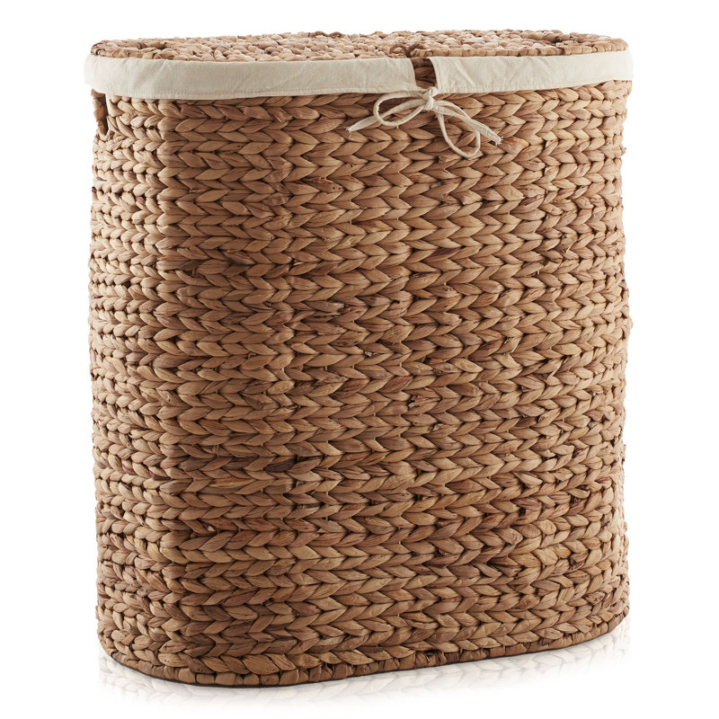 2-Section Oval Laundry Hamper Basket w/ Lids and Liner Bags - Cinnamon Hyacinth, Cinnamon