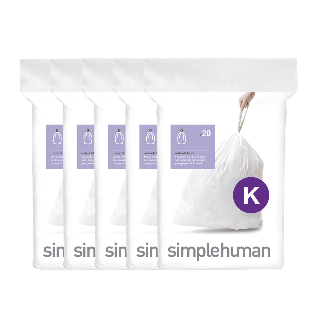 simplehuman Code K Genuine Custom Fit Drawstring Trash Bags Dispenser Packs, 100 Count (Set of 5) simplehuman
