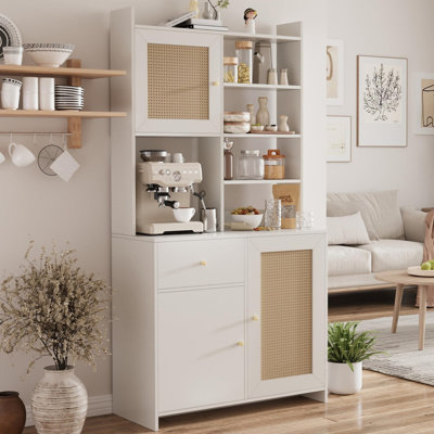 71" Tall White Pantry Storage Cabinet – Rattan Doors, Microwave Stand, Adjustable Shelf & Drawer for Kitchen, Dining Room