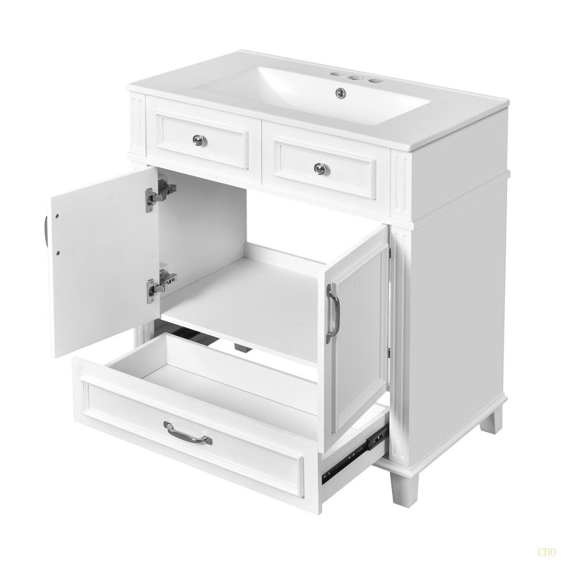 Meuble-lavabo de 30 po avec lavabo en céramique, armoire de rangement en bois massif avec portes à fermeture douce, style rétro