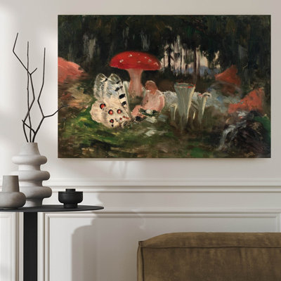 Framed Canvas Wall Art, Forest scene: A red-capped mushroom and a white owl, Impressionist oil painting style. Wall Decor, Large Artwork for Living Room Bedroom, Ready to Hang, 36x24Inch