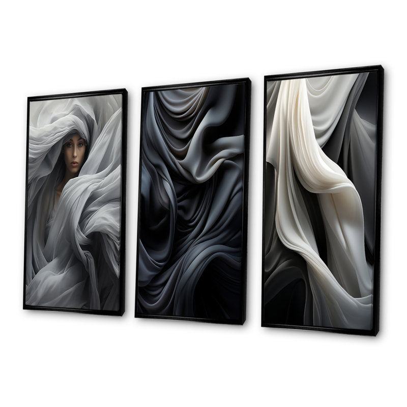 Gris, apaisant, ombres I - ensemble de 3 reproductions d'art sur toile, Cadre flottant noir, H 28 po x l 36 po