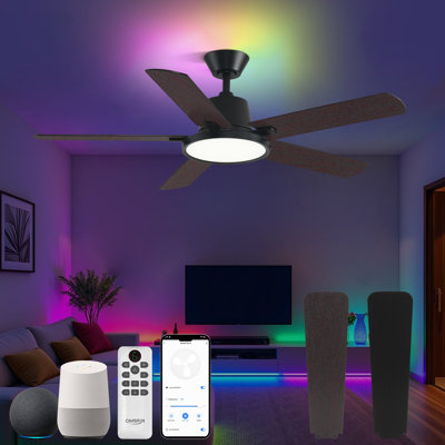  52 Inch Ceiling Fan with Light,RGB 5-Blade,6-Speed Noiseless Reversible DC Motor,Dimmable,Music Sync,App & Remote Control,Compatible with Alexa & Google Assistant,Flush Mount for Bedroom,Black