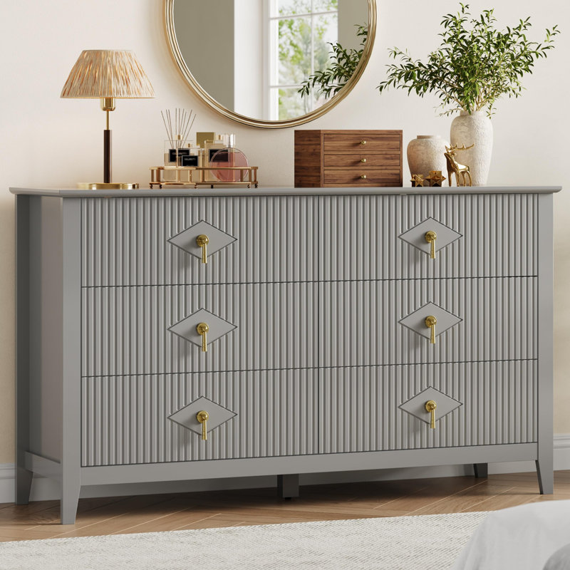 54" Extra Wide Modern Fluted 6-Drawer Wood Dresser with Metal Handles Storage Cabinet for Bedroom Living Room Hallway Entryway Easy Assembly - Gray