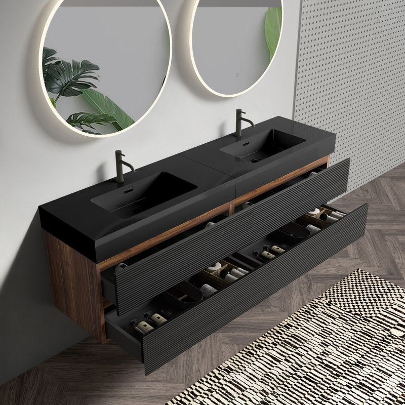 Yulani 72" Wall-Mounted Bathroom Vanity with Engineered Quartz Sinks & Drawers, Matt Black