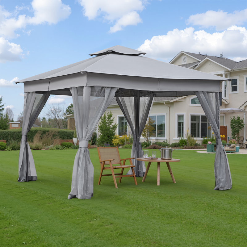 Pavillon de jardin avec moustiquaire à double toit pour patio, H 108 po x l 120 po x P 120 po, Gris