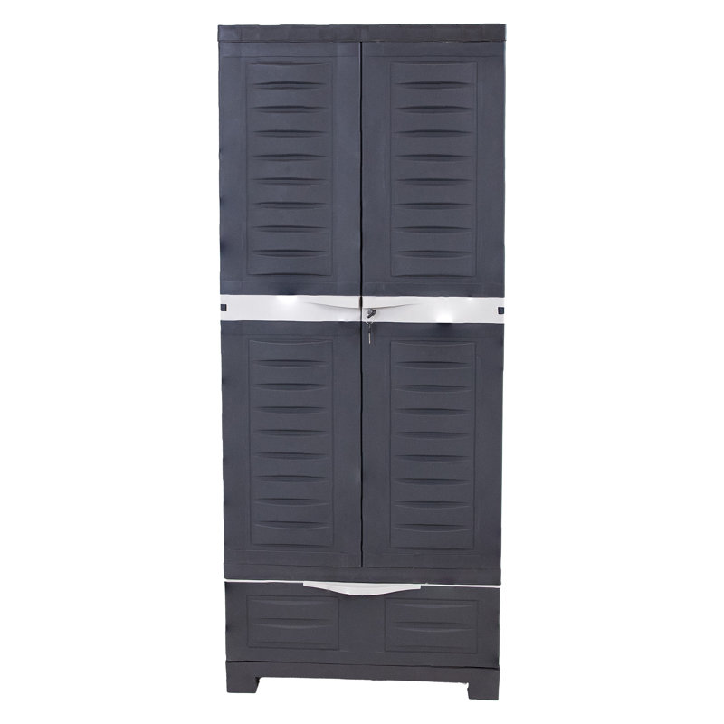 Lockable Storage Cabinet with 3 Adjustable Shelves and Bottom Drawer - Trim, Charcoal