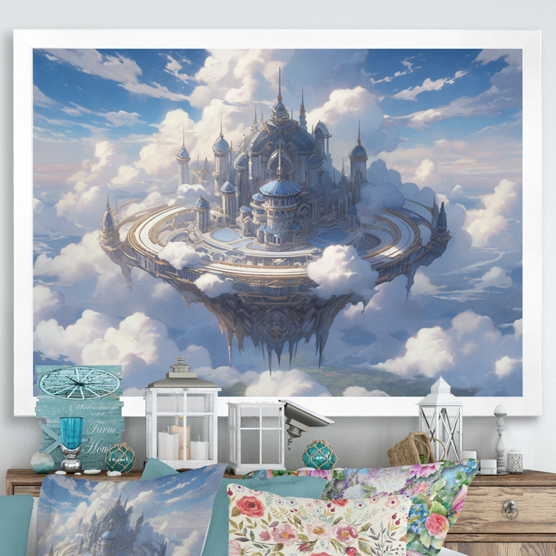 Château dans les nuages II sur toile, Cadre simple blanc, H 16 po x l 32 po x P 1 po