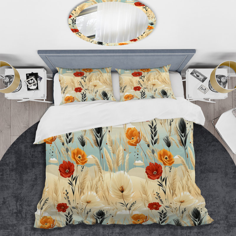 Ensemble de housse de couette Beige Meadow Flowers Boho, Housse de couette pour très grand lit et 2 très