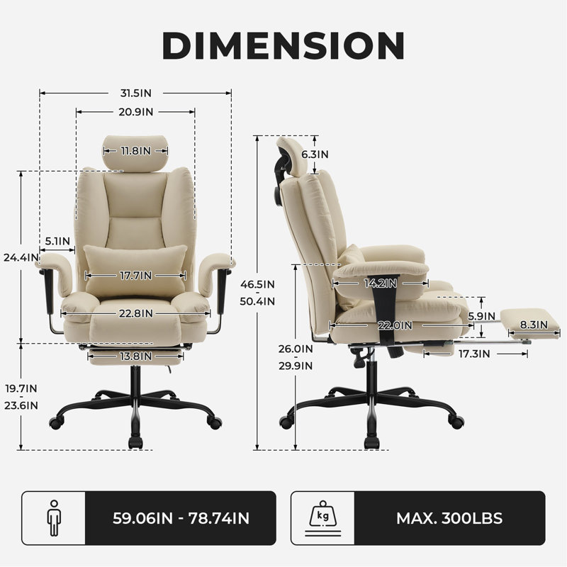 Chaise de bureau ergonomique en cuir Pu avec support lombaire et dossier haut, chaise ergonomique avec appui-tête relevable, beige