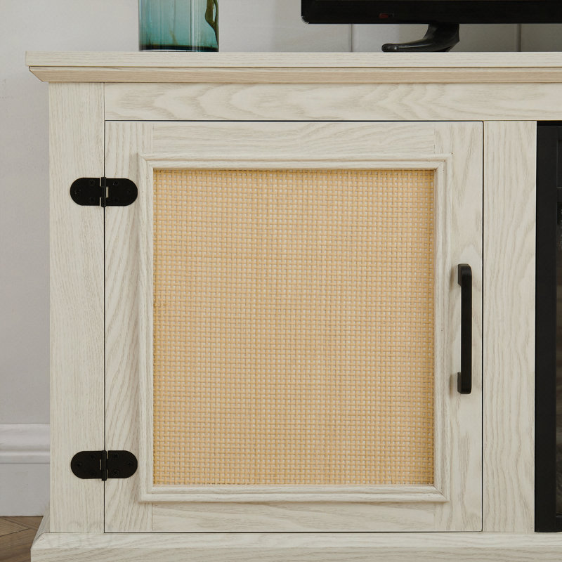Farmhouse Rattan TV Stand Console Table For Tvs Up To 70 Inches, TV Console Table With 2 Storage Shelves, 2 Natural Rattan Door Cabinets