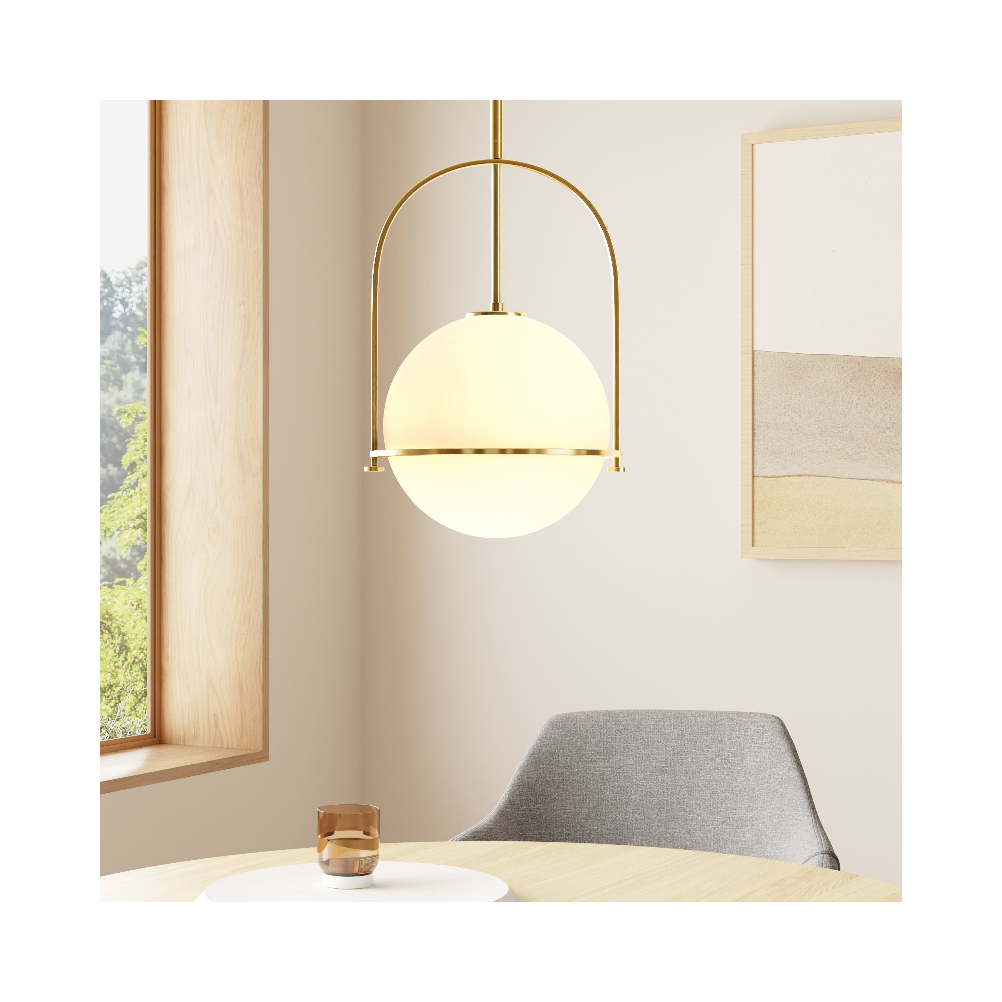 Arie Single Light Pendant w/ Globe Shade, 17" H x 11.5" W x 11.5" D, Heritage Brass