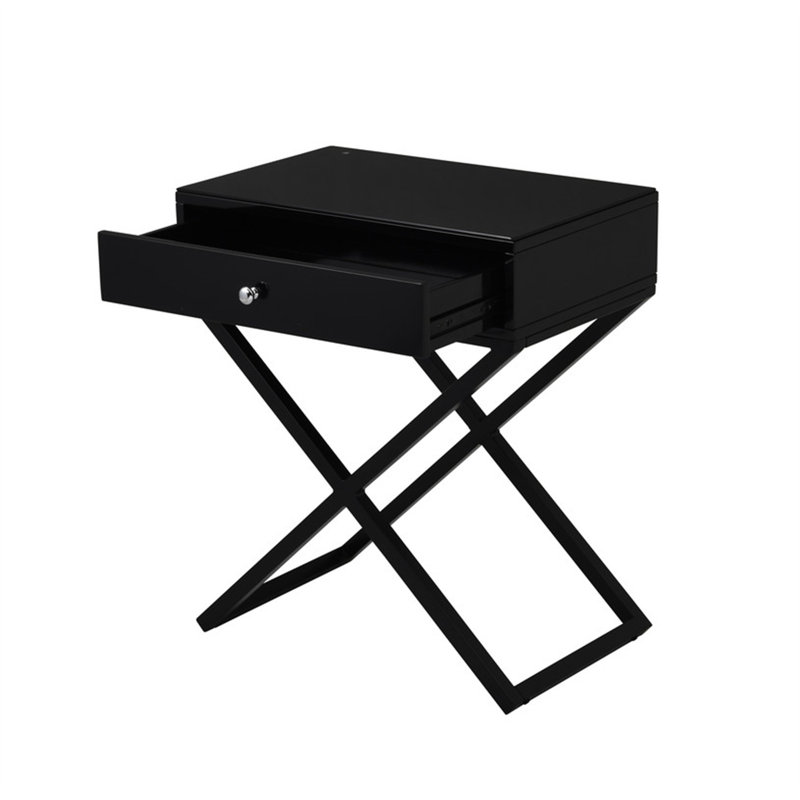 Koda 23" Black Wooden End Side Table Nightstand With Glass Top, Black