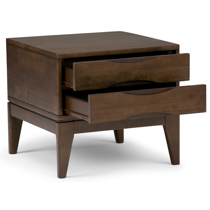 Harper 22"W Solid Wood Mid-Century Modern End Table with 2 Drawers, Walnut Brown