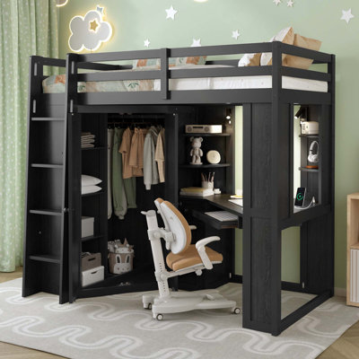 Twin Size All-In-One Space-Saving Loft Bed With Integrated Large Wardrobe And Desk, Pull-Out Keyboard Tray, Charging Station And Dual Metal Spotlights
