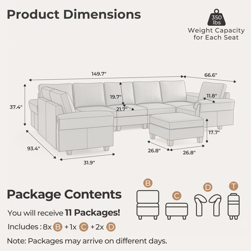 Canapé modulaire en U en similicuir de 150 po avec 9 places et rangement, gris, Gris
