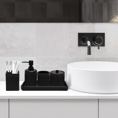 Resin Matte Black Bathroom Accessories Set 5 Pcs, Lotion Soap Dispenser, Toothbrush Holder, Bathroom Tumbler, Cotton Swab Holder And Vanity Tray, Bathroom Countertop Organizer Set For Home Apartment