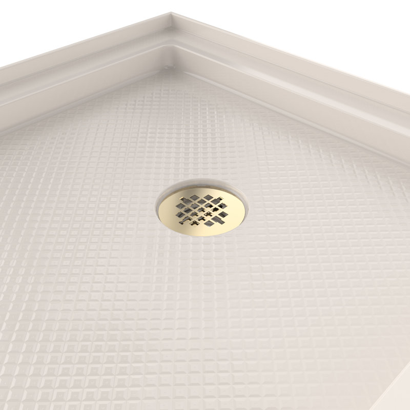 DreamLine SlimLine 32 inch D x 60 inch W x 2 3/4 inch H Single Threshold Biscuit Alcove Shower Base with 2 inch Polished Brass Right Round Drain