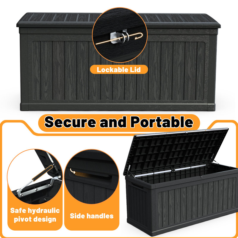 Coffre de terrasse noir à double paroi de 260 gallons avec technologie à double paroi, résistant aux intempéries et pouvant servir de structure de table, de résine de protection, d'outils de jardinage idéaux et de surface supplémentaire