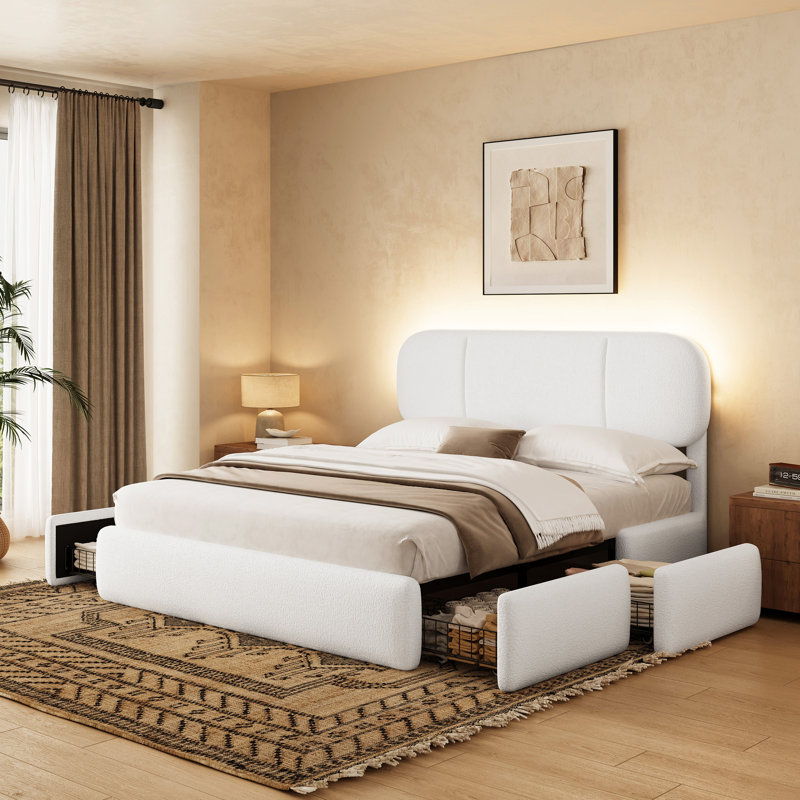 Lit plateforme en tissu de laine d'agneau, cadre de lit rembourré chaud pour la chambre à coucher, Lit double, Blanc
