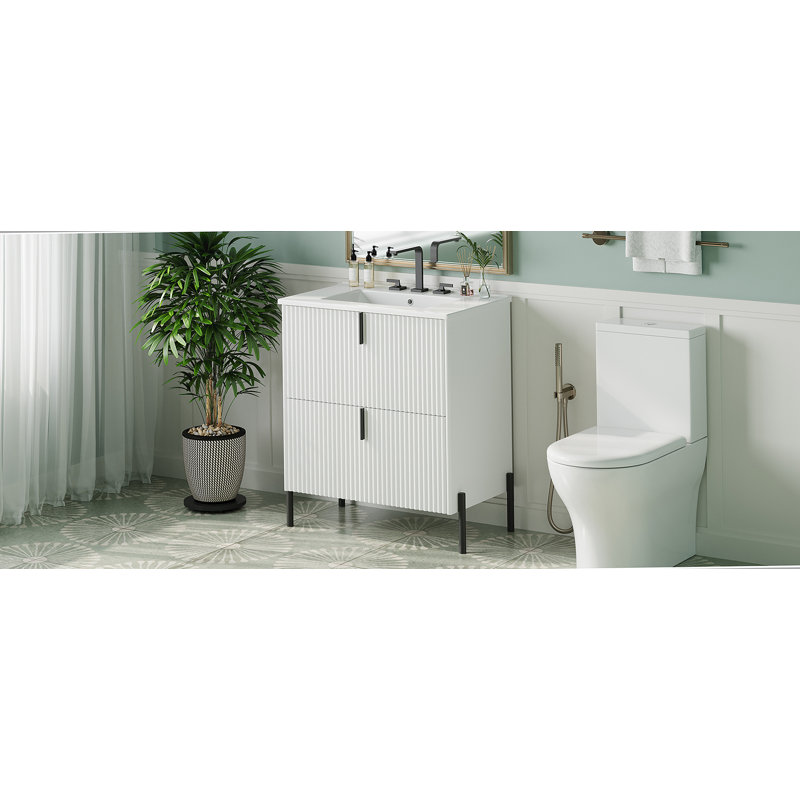 Meuble-lavabo de 30 po avec lavabo en céramique, équipé de poignées verticales et de tiroirs pleine extension, meuble-lavabo autoportant avec glissières de tiroir à fermeture en douceur, conception cannelée, blanc