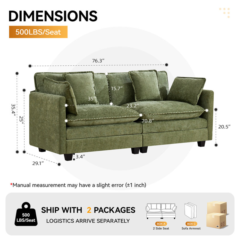 Canapé modulaire en tissu d'ameublement Chenille, 2 places, Vert