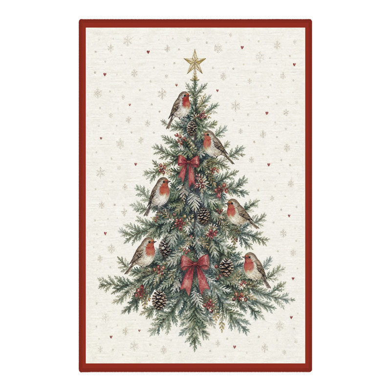 Tapis de salon lavable à poils courts, motif animalier de Noël avec un arbre rempli de rouges-gorges, ivoire et vert