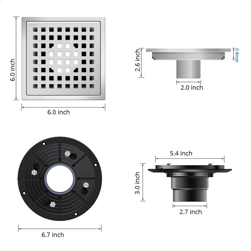 Drain de plancher de douche carré 6 po (ensemble de 2), Nickel brossé