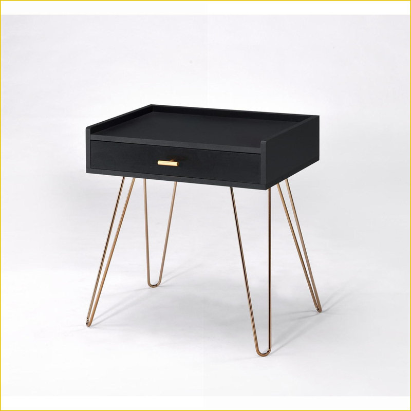 Table basse Mid-Century en bois aggloméré noir avec pieds en épingle à cheveux en cuivre Tiroir de rangement, facile à nettoyer