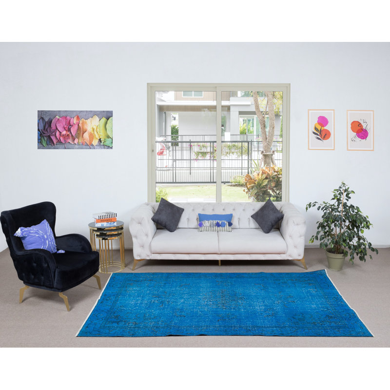 Tapis d'inspiration art déco bleu 5,5 x 8,8 pi fabriqué à la main d'inspiration art déco pour des intérieurs modernes
