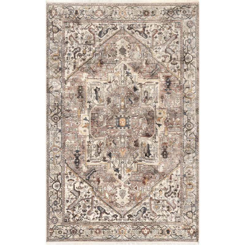Rippeon Vintage Medallion Power Loom Performance Brown Rug, Rectangle 5' x 7'9"