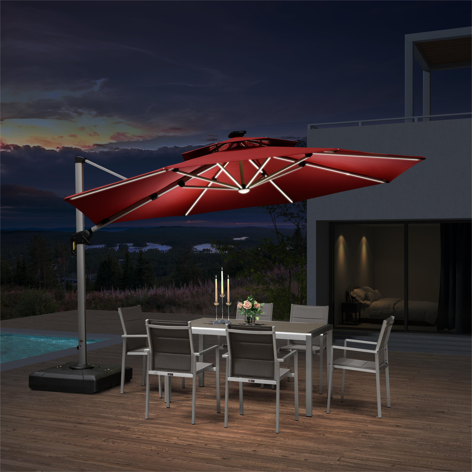 Lillehammer 12' Cantilever Umbrella with Lights, Brick Red