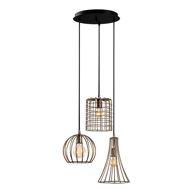 Luminaire suspendu grappe 3 lumières Hughley, Doré