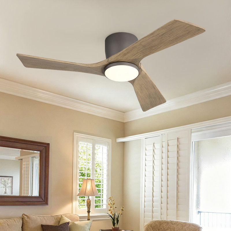 Ventilateur de plafond 42 po à 3 pales en bois massif d'intérieur avec télécommande encastrée et DEL intégrée, Grey, 42, Grey