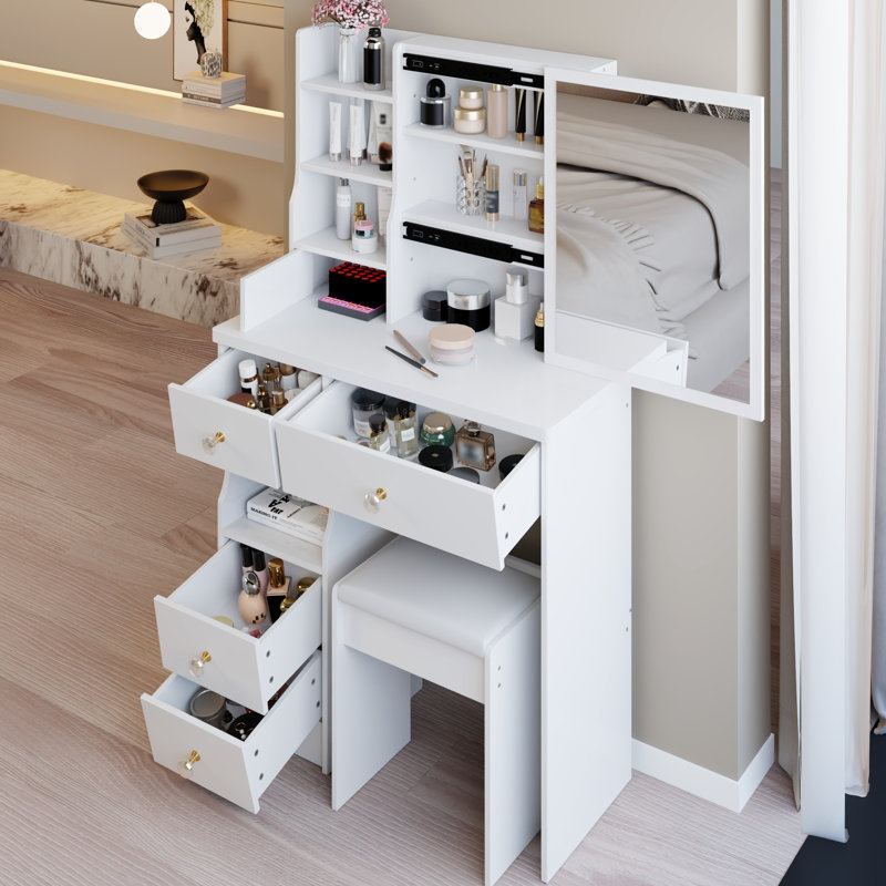 Petit meuble-lavabo blanc avec tiroir de gauche, miroir coulissant à droite, rangement multi-couches, tabouret rembourré, design américain et 29,2 po de largeur et 50,4 po de hauteur pour les espaces