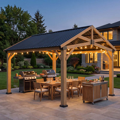 Gazebo en bois de cèdre de 4,27 m x 3,66 m avec toit rigide en acier galvanisé, pavillon extérieur en bois avec crochet de plafond robuste, structure d'ombrage résistante aux intempéries pour patio, cour arrière, jardin, terrasse