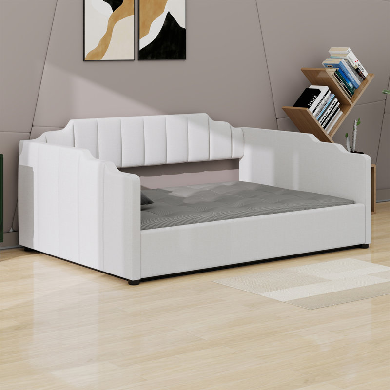 Lit de jour rembourré avec rangement inférieur, Beige, Lit double