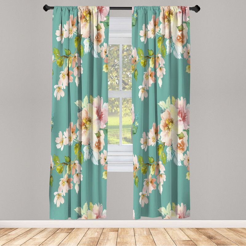 Microfiber Floral Semi-Sheer Rod Pocket Curtain Panels, 28" W x 84" L, Mint/Blush