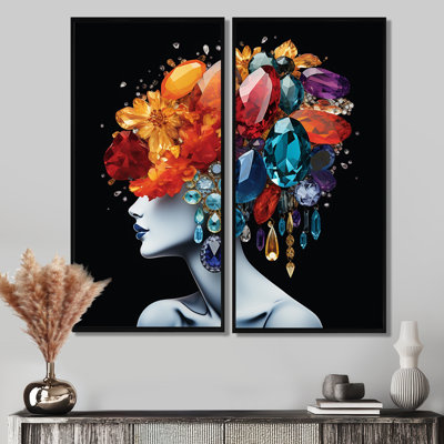 Urban Urban Elegance Woman Crystal and Flower Hair II - Art mural sur toile glamour noir 2 pièces