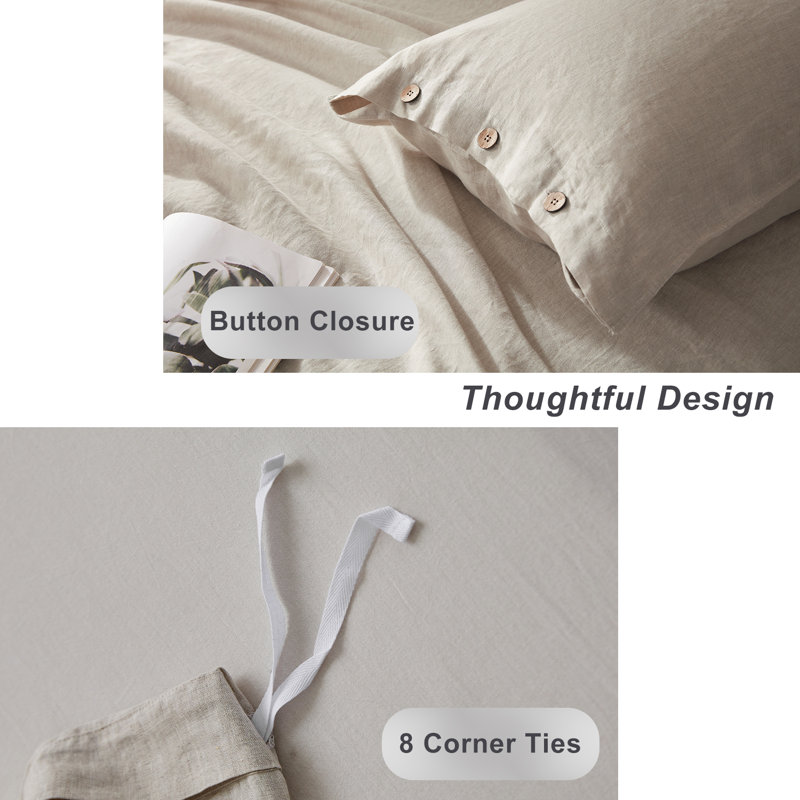 TOSMO 100% Linen Duvet Cover Set with Button Closure,Soft Breathable Durable Farmhouse Bedding, Natural Linen