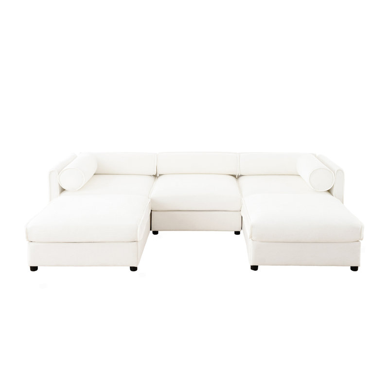 Élégant canapé en chenille blanche avec siège de rangement et repose-pieds, dossier cylindrique en forme de U à 3 places et accoudoirs, canapé contemporain en tissu à 3 places avec compartiment de rangement caché