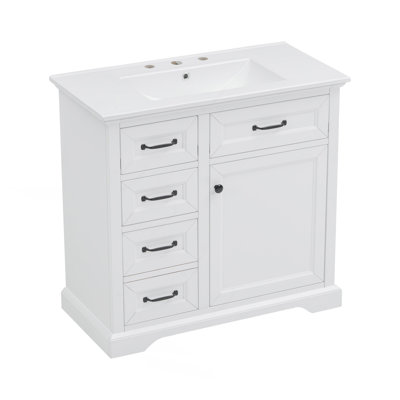 Meuble-lavabo de 36 po avec comptoir en céramique, 4 tiroirs et 1 porte à fermeture en douceur, armoire de rangement autoportante avec poignées en métal, pré-percé pour robinet de 8 po, finition blanche