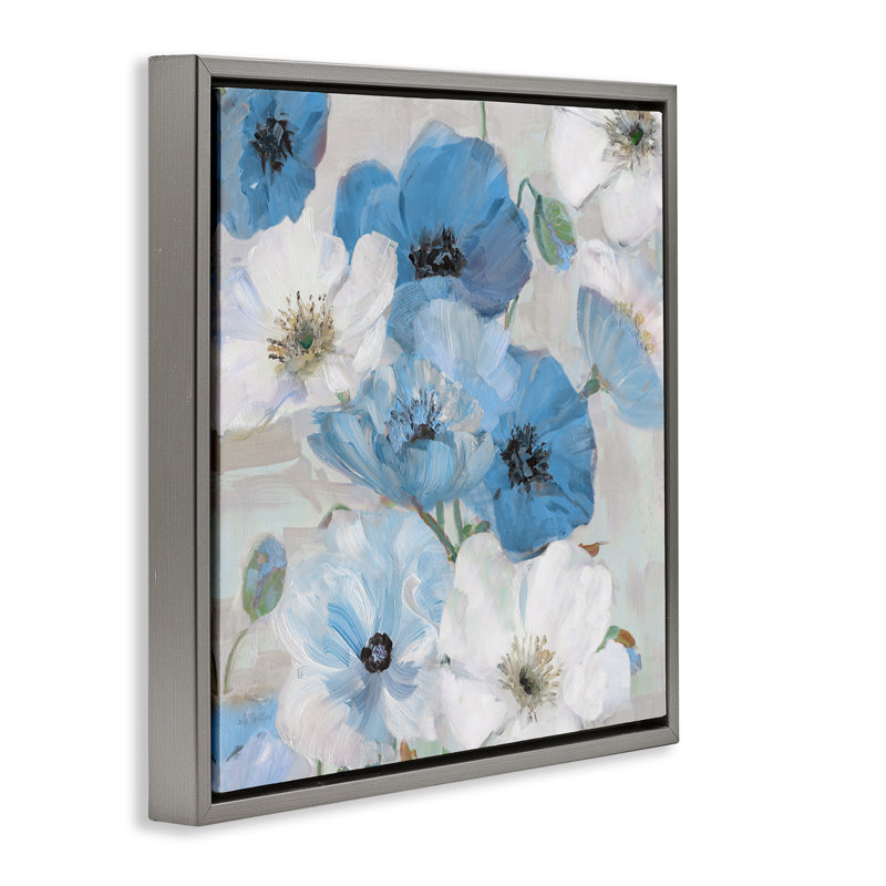 «Mixed Blue & White Blooms Brown» par Sally Swatland, Cadre flottant gris lustré, H 18 po x l 18 po