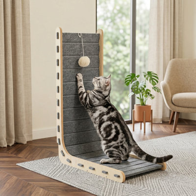 L-Shaped Felt Cat Scratcher, 26.8 Inch Gray Scratch Pad for Large Cats, Furniture Protector with Ball Toy